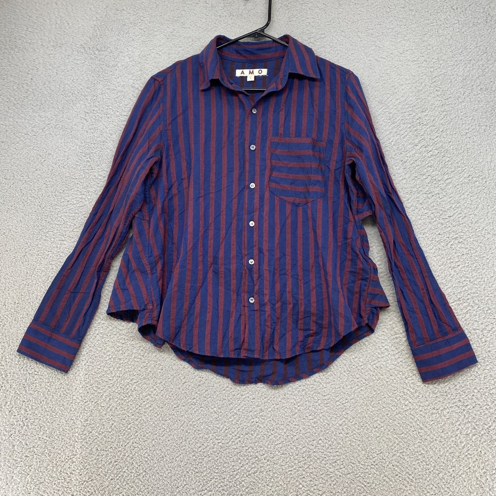 AMO‎ Top Womens Small Ruffle Back Anthropologie USA Made Striped Blue Red Office